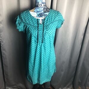 WH Teal Dot Wheat Print Boho Cotton Short Sleeve Shirt Top